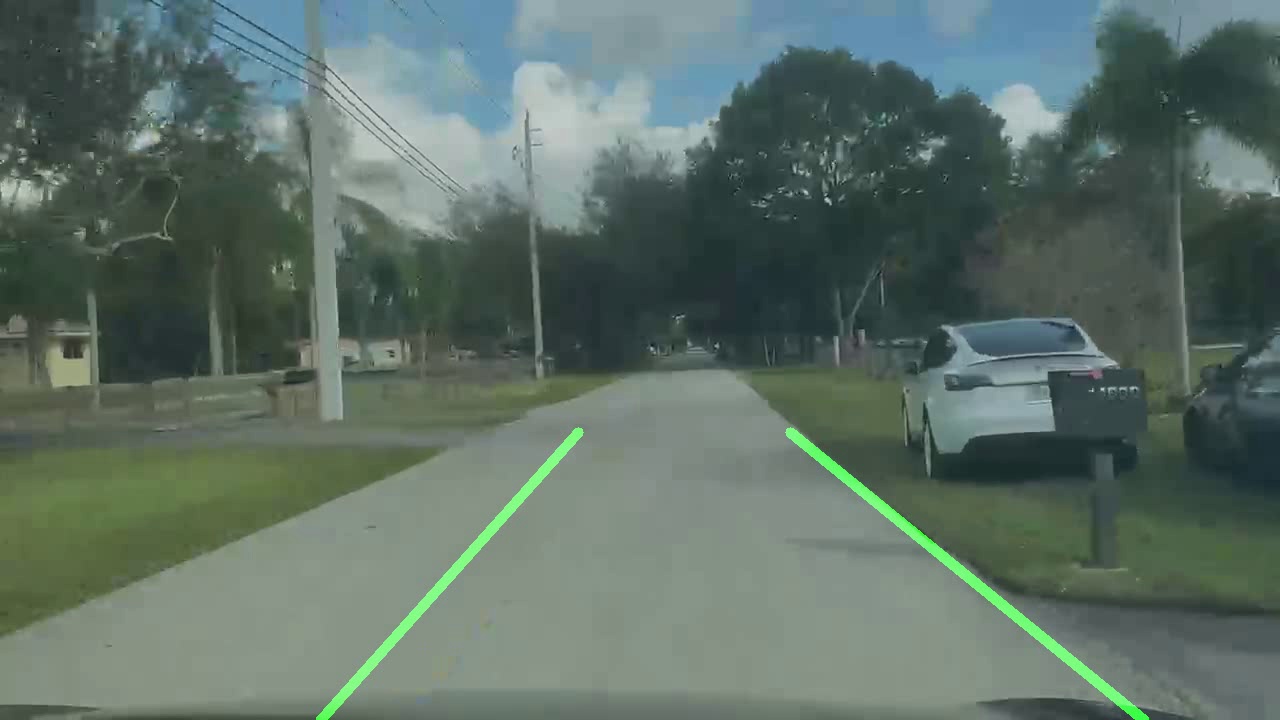 Dashboard-camera frame from the road-line tracking assignment